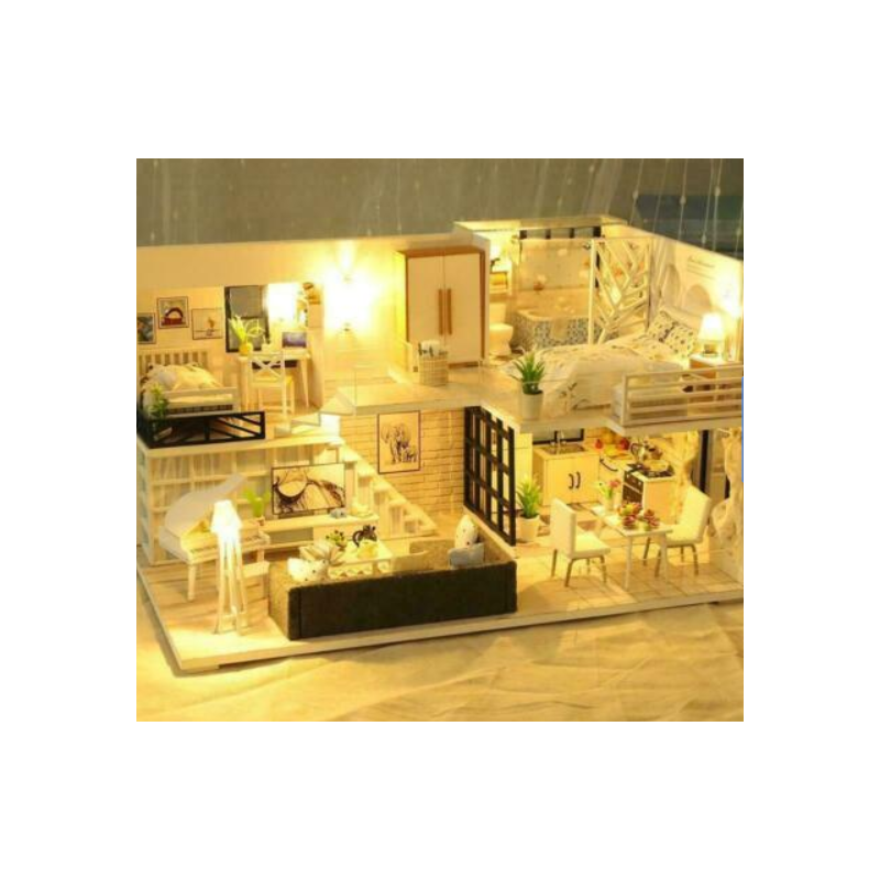 3D wooden micro LED dollhouse 1511, miniature furniture, dolls